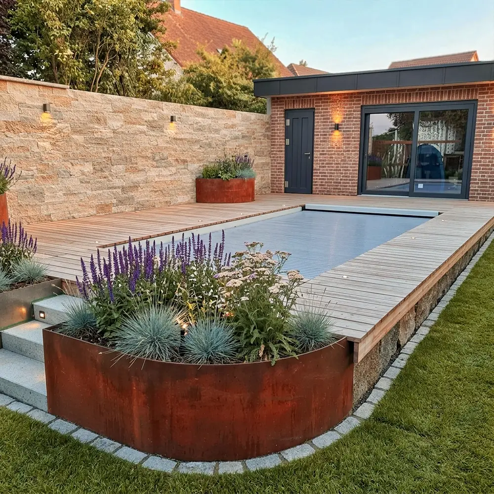 Poolbau mit Terasse und Beeten – Sinn Gartengestaltung